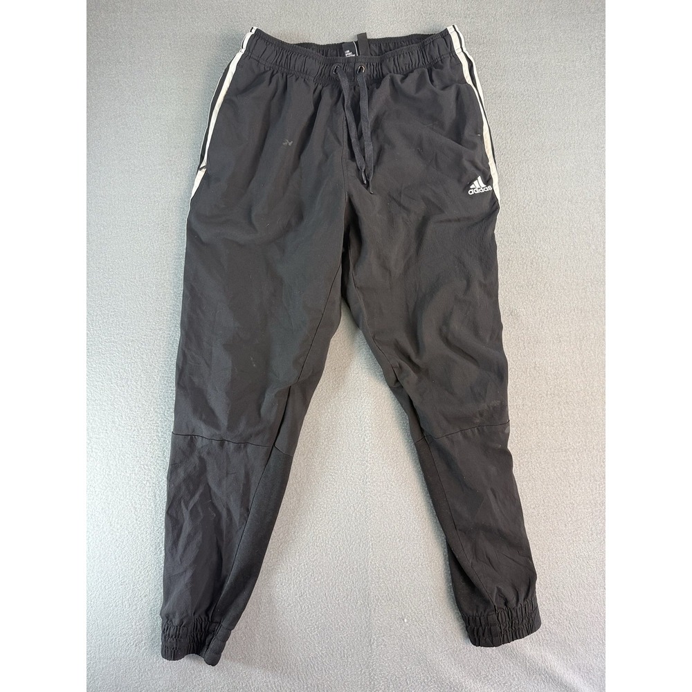 Adidas Track Pants Mens L Black Woven Elastic Waist 3-Stripes Tapered Athletic